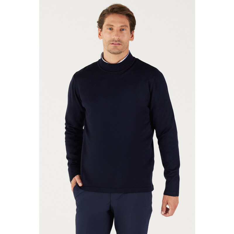 AC&Co / Altınyıldız Classics Men's Navy Blue Anti-Pilling Standard Fit Normal Cut Half Turtleneck Knitwear Sweater.