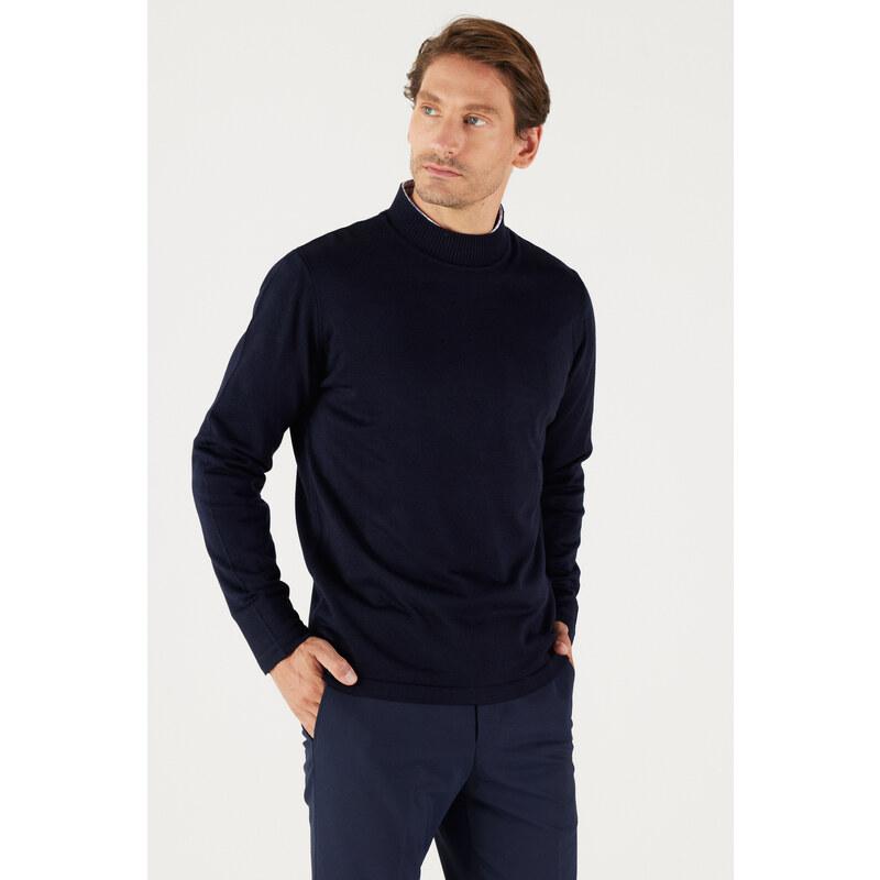 AC&Co / Altınyıldız Classics Men's Navy Blue Anti-Pilling Standard Fit Normal Cut Half Turtleneck Knitwear Sweater.