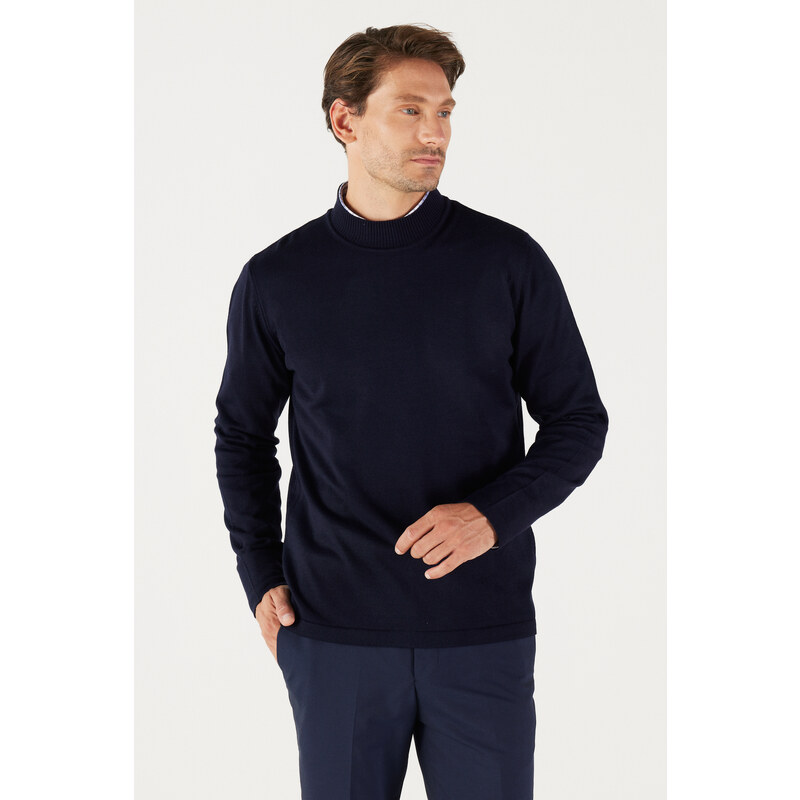AC&Co / Altınyıldız Classics Men's Navy Blue Anti-Pilling Standard Fit Normal Cut Half Turtleneck Knitwear Sweater.