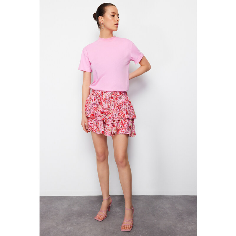 Trendyol Red Shawl Pattern Ruffled Viscose Woven Shorts with Elastic 115723417