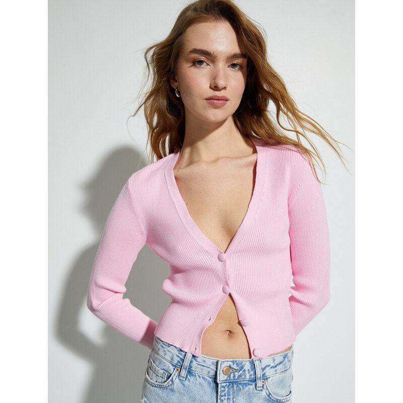 Koton Crop Cardigan Knitwear Ribbed Long Sleeve