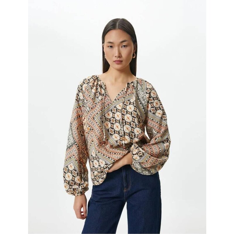 Koton Balloon Sleeve Blouse Ethnic Patterned Window Detail Viscose Blended