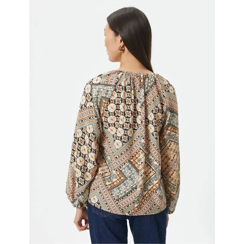 Koton Balloon Sleeve Blouse Ethnic Patterned Window Detail Viscose Blended