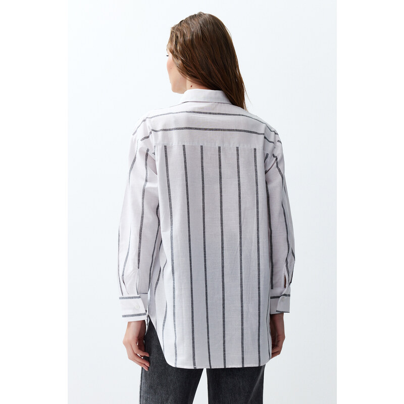 Trendyol Ecru Striped Oversize/Creature Woven Shirt