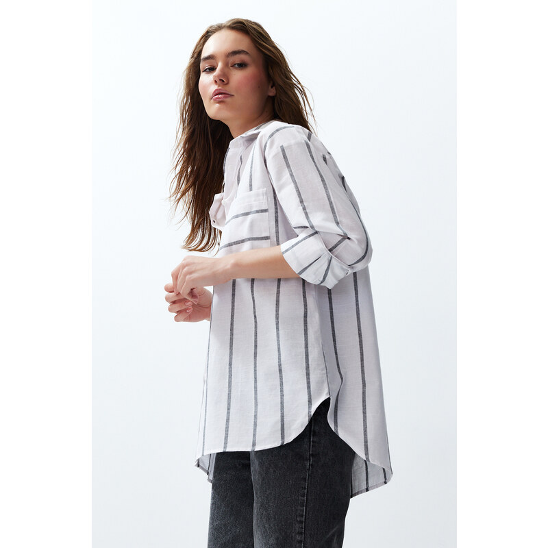 Trendyol Ecru Striped Oversize/Creature Woven Shirt