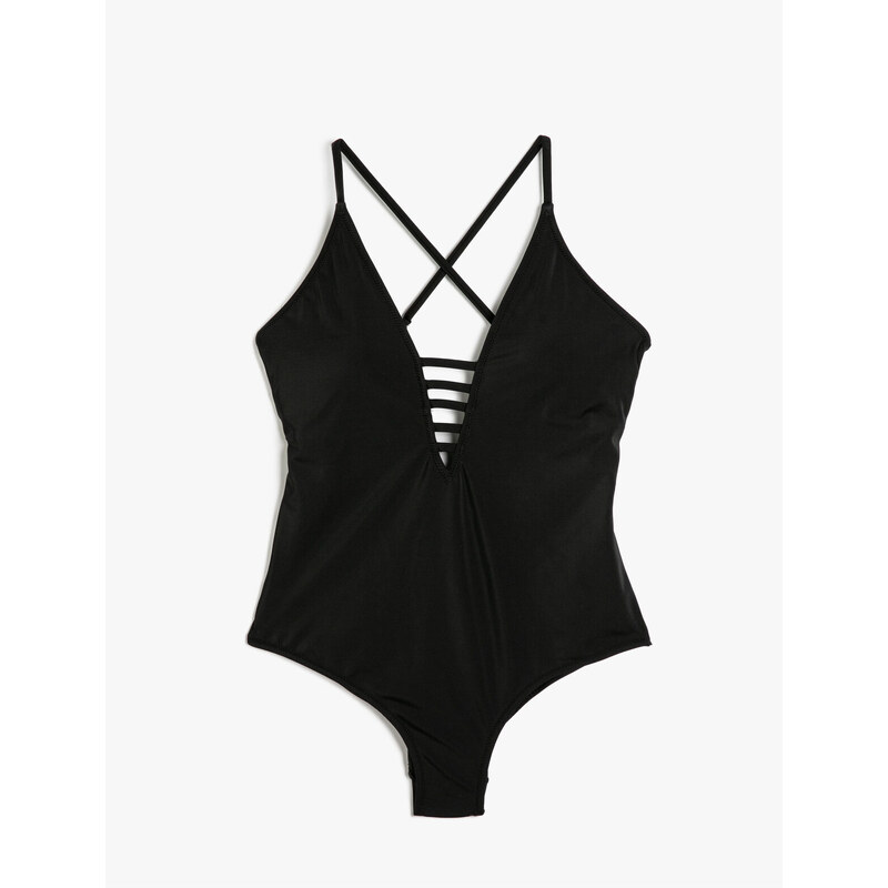 Koton V-Neck Swimsuit with Thin Straps Piping Detailed Coated