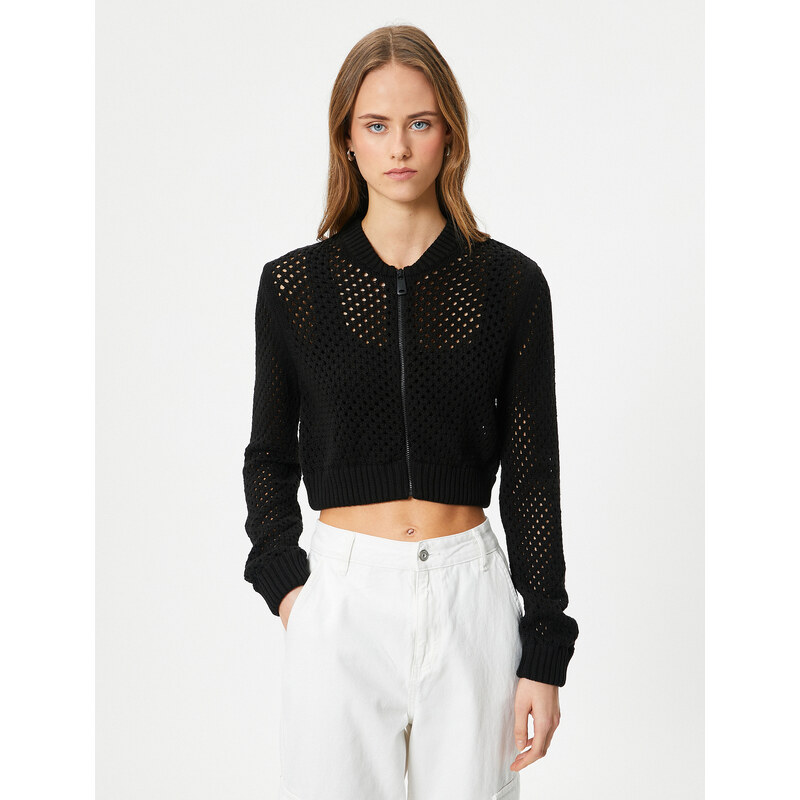 Koton Crop Knitwear Cardigan Openwork Zipper Cotton Blended