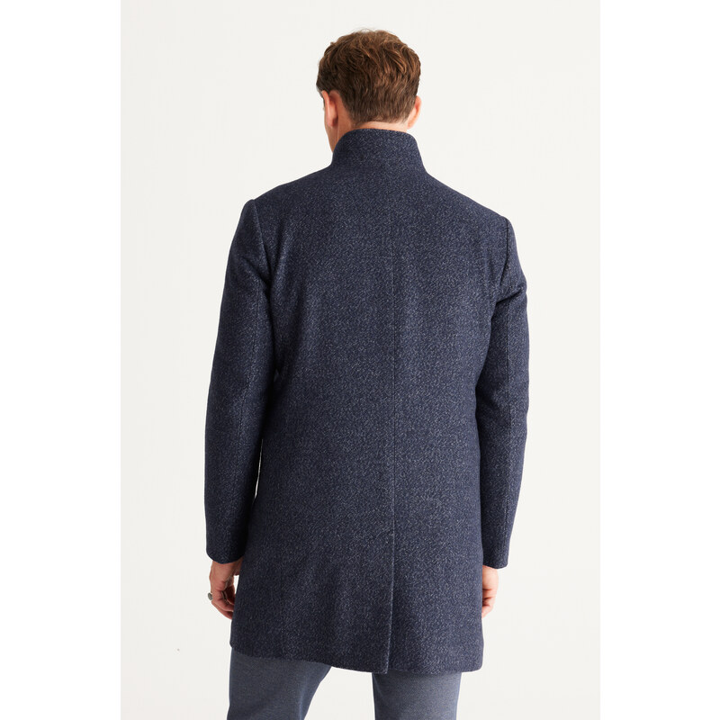 ALTINYILDIZ CLASSICS Men's Navy Blue Standard Fit Regular Fit High Neck Patterned Overcoat