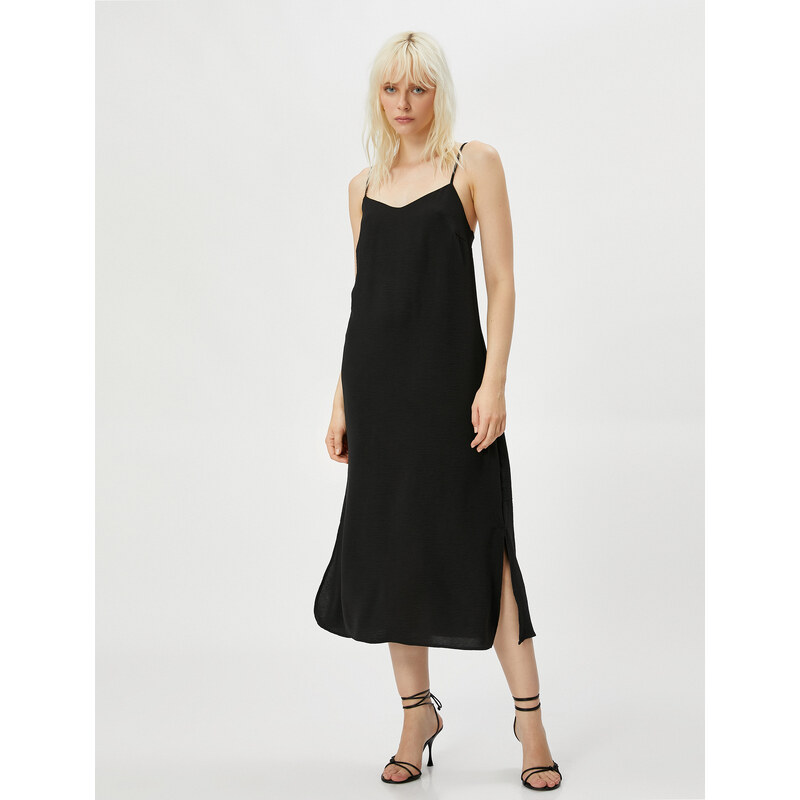 Koton Midi Dress with Thin Straps and Slit Detailed.