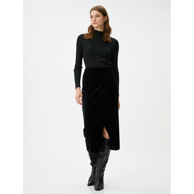 Koton Midi Velvet Skirt Front Slit Draped