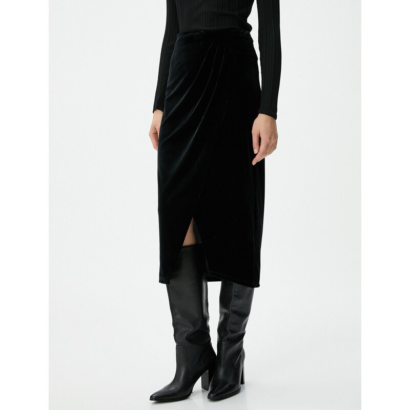 Koton Midi Velvet Skirt Front Slit Draped