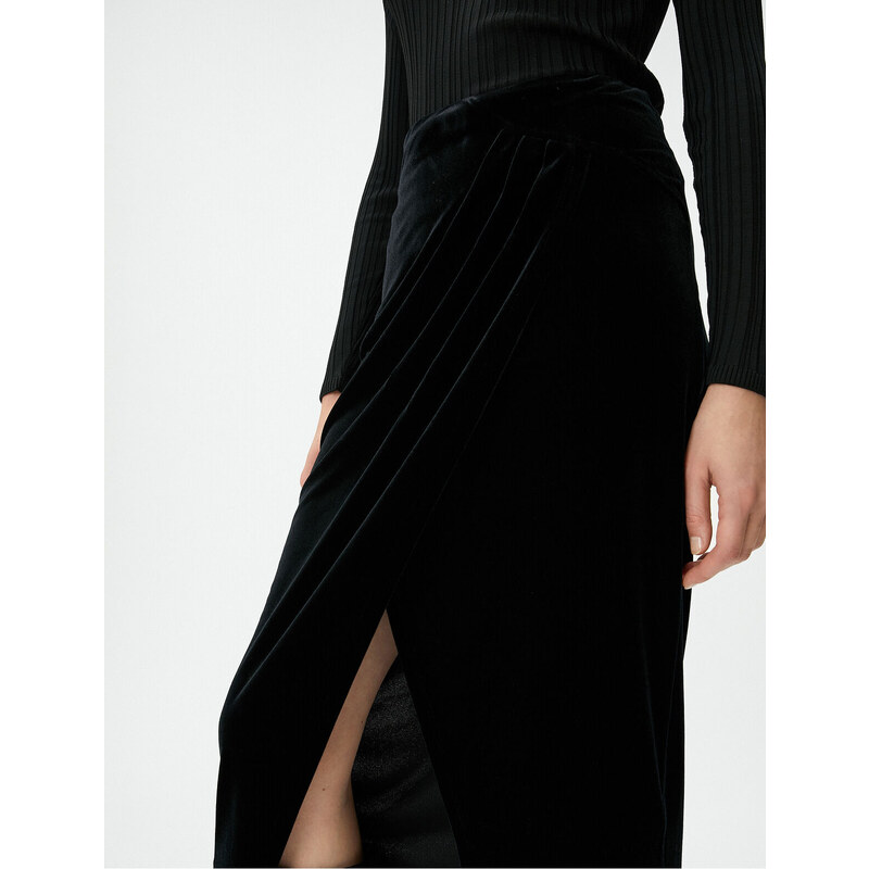 Koton Midi Velvet Skirt Front Slit Draped