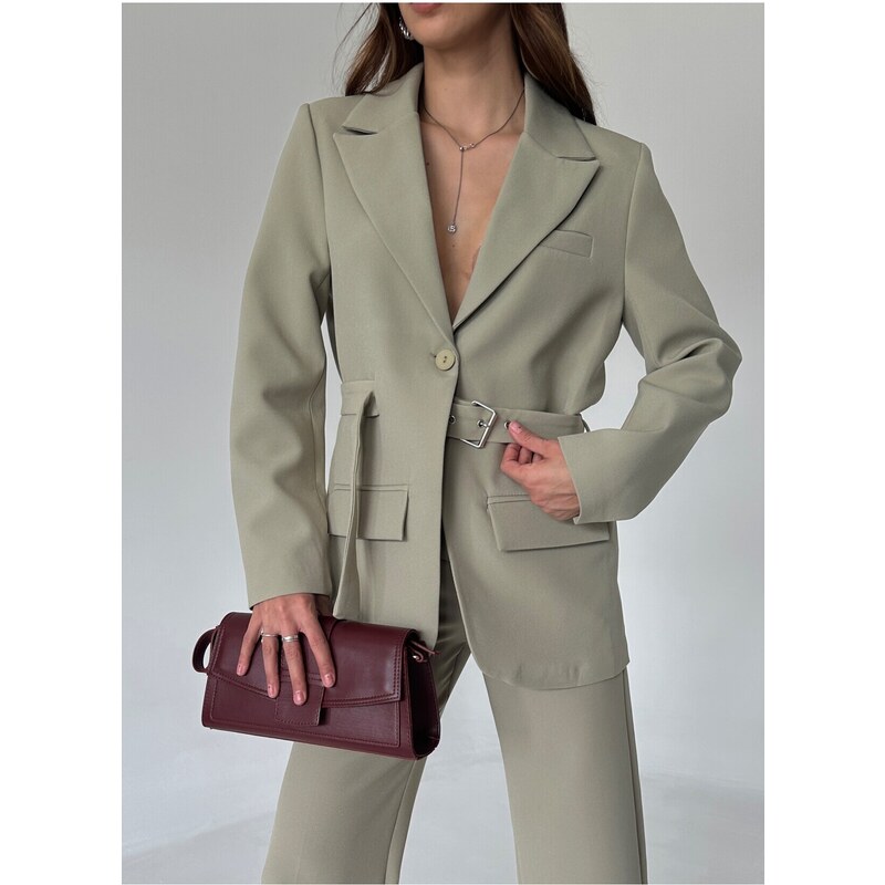 Laluvia Light Khaki Design Belted Blazer Jacket