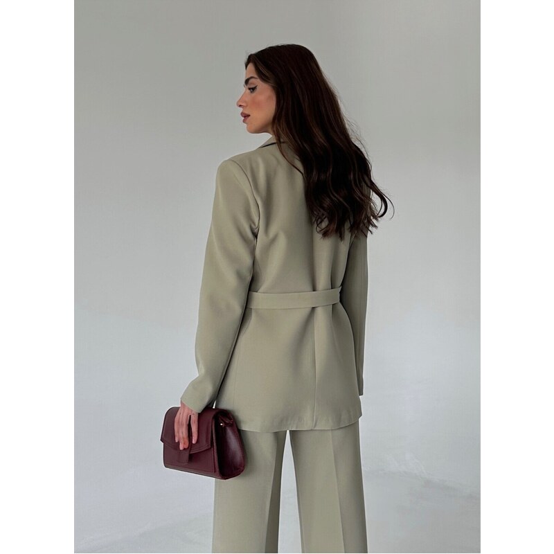 Laluvia Light Khaki Design Belted Blazer Jacket