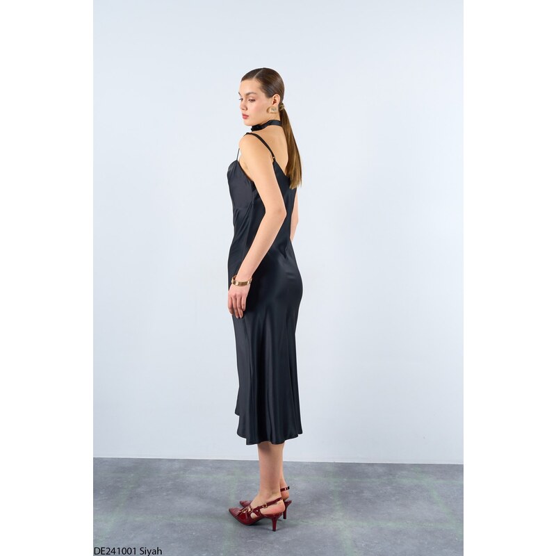 Laluvia Black Thin Strap Flounce Satin Dress