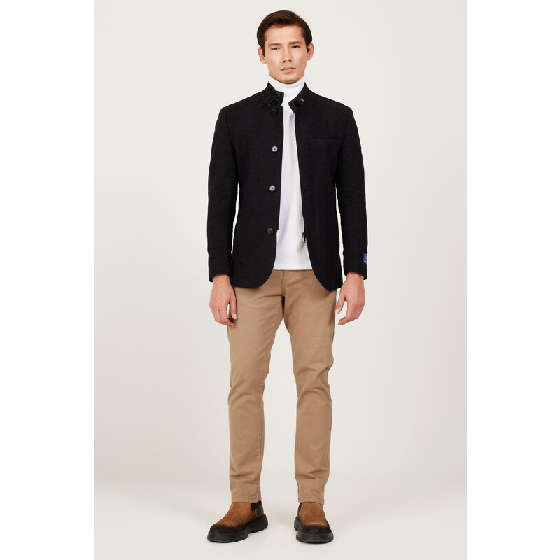 ALTINYILDIZ CLASSICS Men's Black Standard Fit Regular Fit High Neck Cotton Overcoat