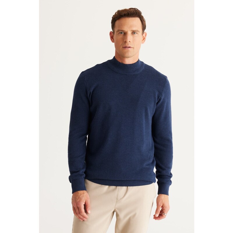 AC&Co / Altınyıldız Classics Men's Indigo Standard Fit Half Turtleneck Cotton Patterned Knitwear Sweater