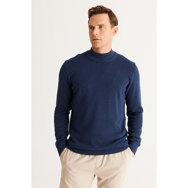 AC&Co / Altınyıldız Classics Men's Indigo Standard Fit Half Turtleneck Cotton Patterned Knitwear Sweater