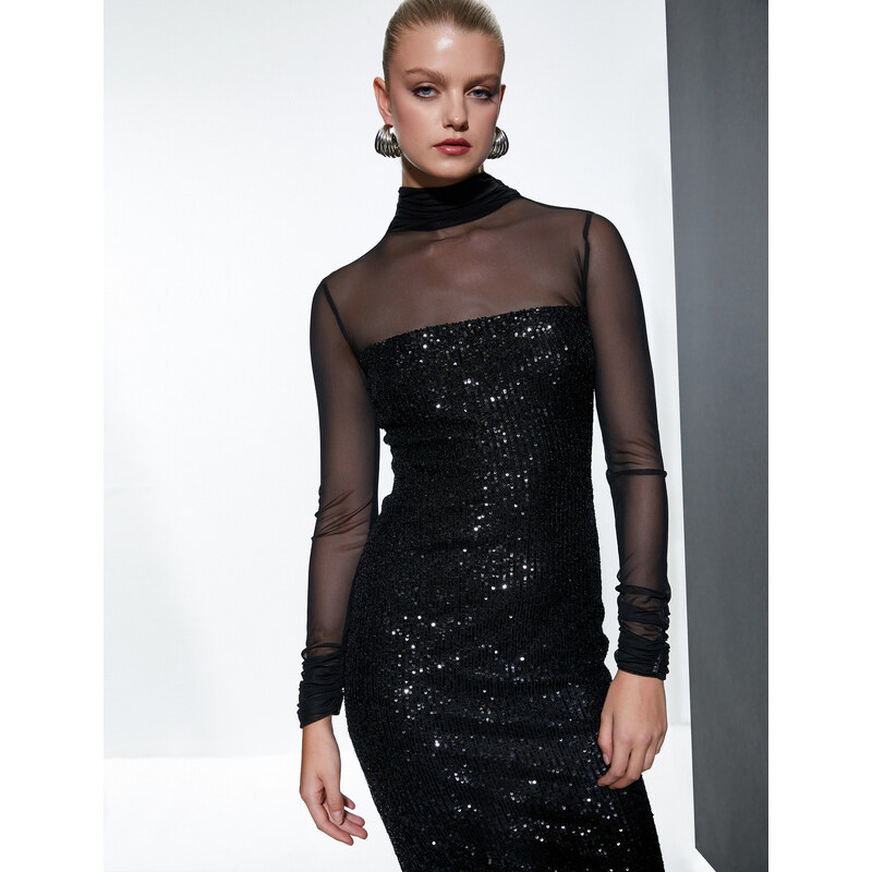 Koton Pencil Dress Maxi Length Sequin Embroidered Tulle Detail Long Sleeve High Neck