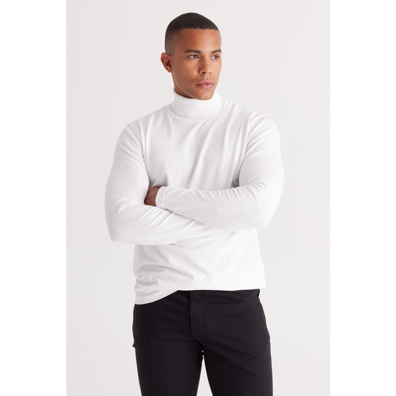 ALTINYILDIZ CLASSICS Men's Ecru Standard Fit Regular Cut Full Turtleneck Knitwear Sweater.