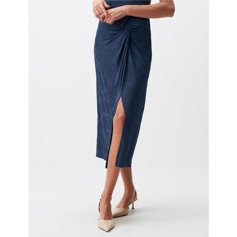 Jimmy Key Blue Petrol Floral Pattern Gathered Slit Midi Skirt