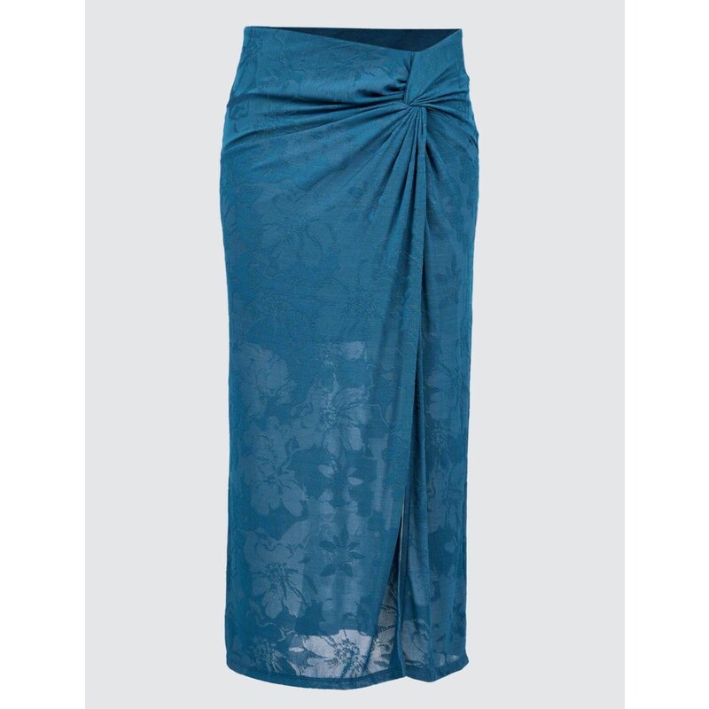 Jimmy Key Blue Petrol Floral Pattern Gathered Slit Midi Skirt