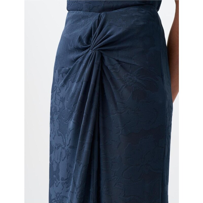 Jimmy Key Blue Petrol Floral Pattern Gathered Slit Midi Skirt