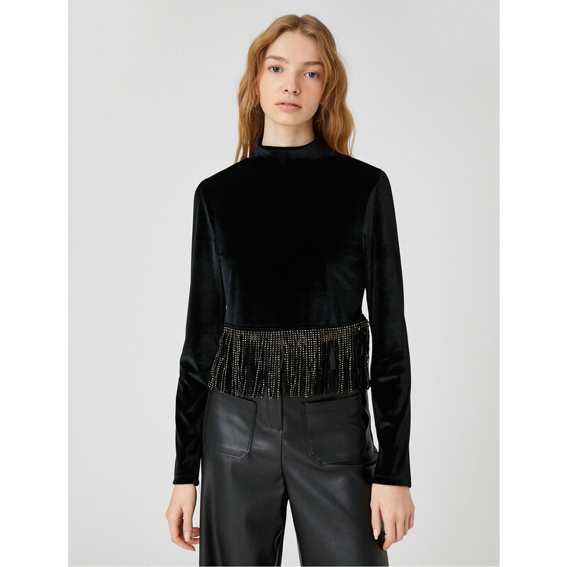 Koton Long Sleeve T-Shirt Velvet Crop with Shimmering Tassel Detail.