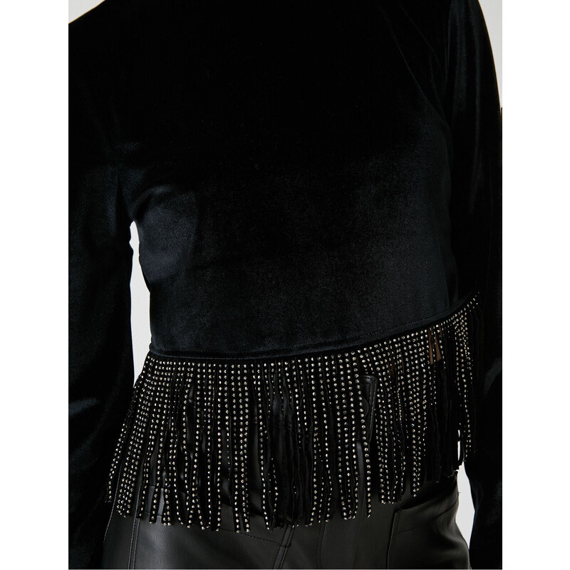 Koton Long Sleeve T-Shirt Velvet Crop with Shimmering Tassel Detail.