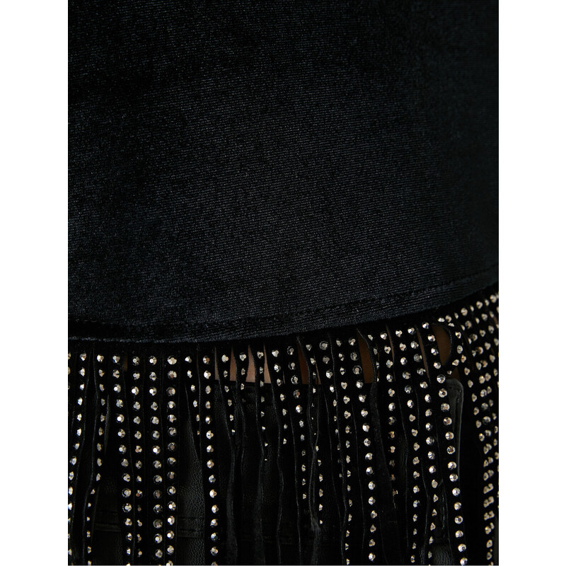 Koton Long Sleeve T-Shirt Velvet Crop with Shimmering Tassel Detail.