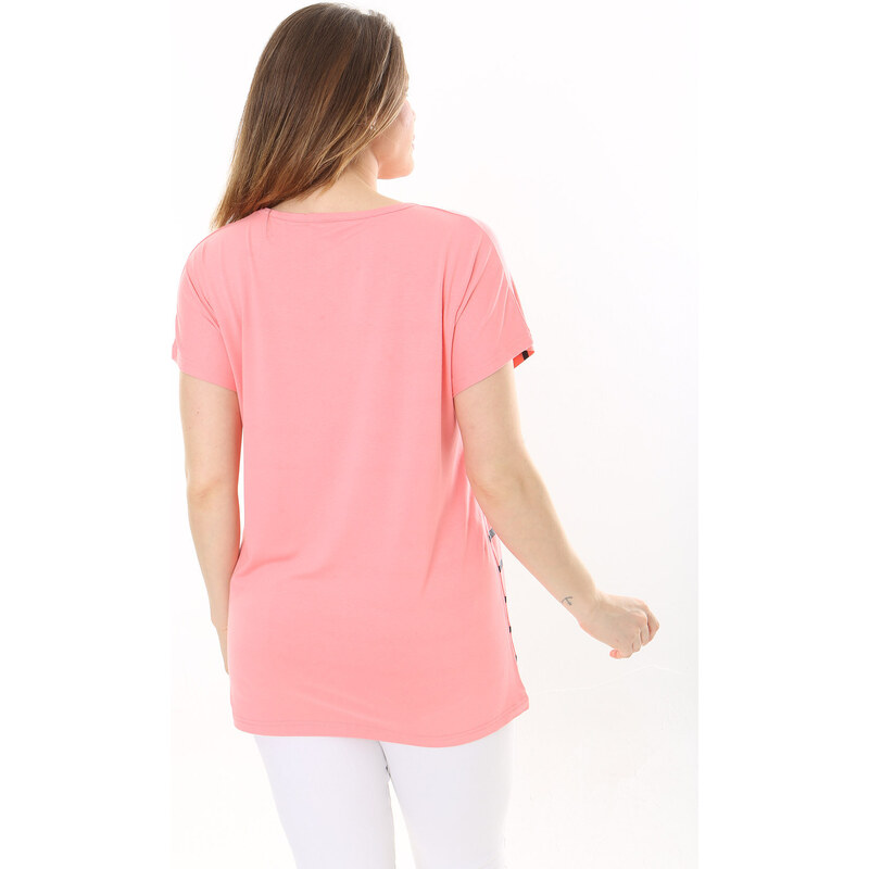 Şans Women's Plus Size Pink Crew Neck Front Patterned Short Sleeve Blouse