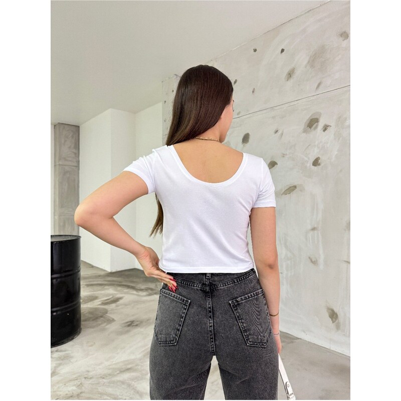 BİKELİFE Women's U-Neck Fitted/Simple Short Sleeve Blouse Body