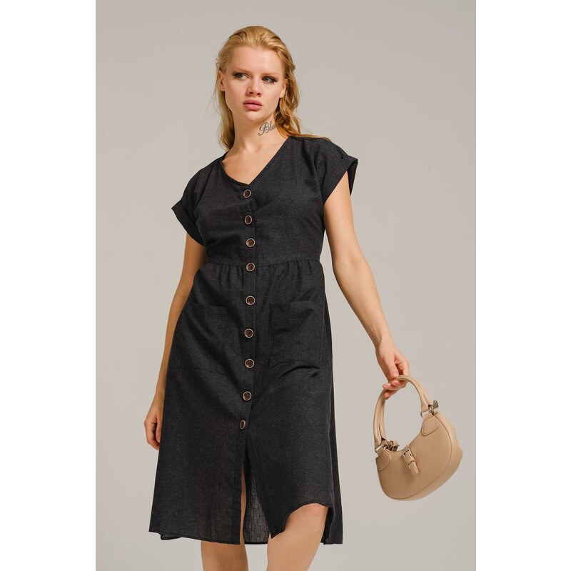 armonika Women's Smoked Patterned V-Neck Button Down Midi Length Dress