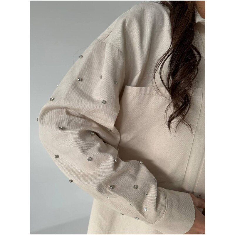 Laluvia Stone Color 100% Cotton Sleeves Stone Detailed Gabardine Shirt