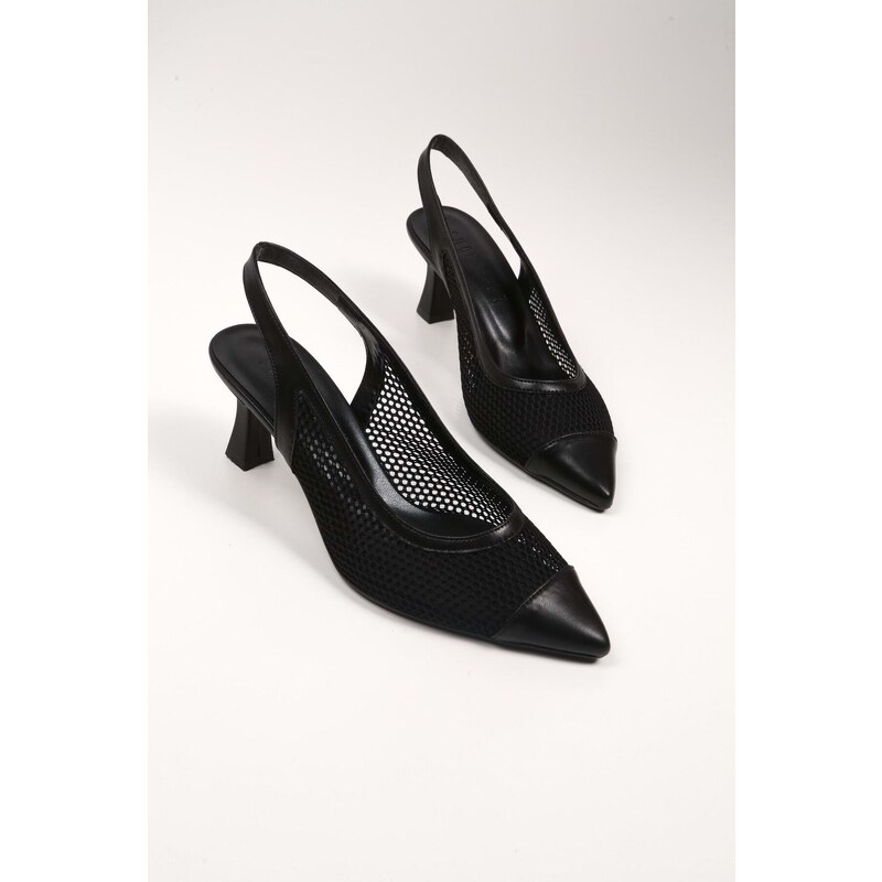 Shoeberry Women's Rella Black Mesh Heeled Shoes Stiletto
