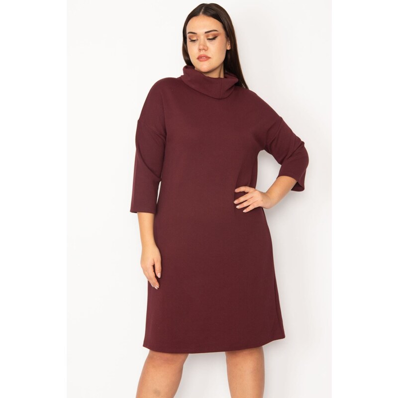 Şans Women's Plus Size Claret Red Plunger Collar Capri Sleeves Dress