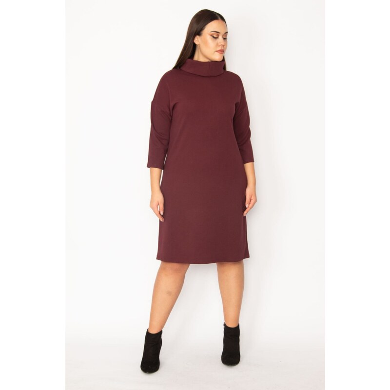 Şans Women's Plus Size Claret Red Plunger Collar Capri Sleeves Dress