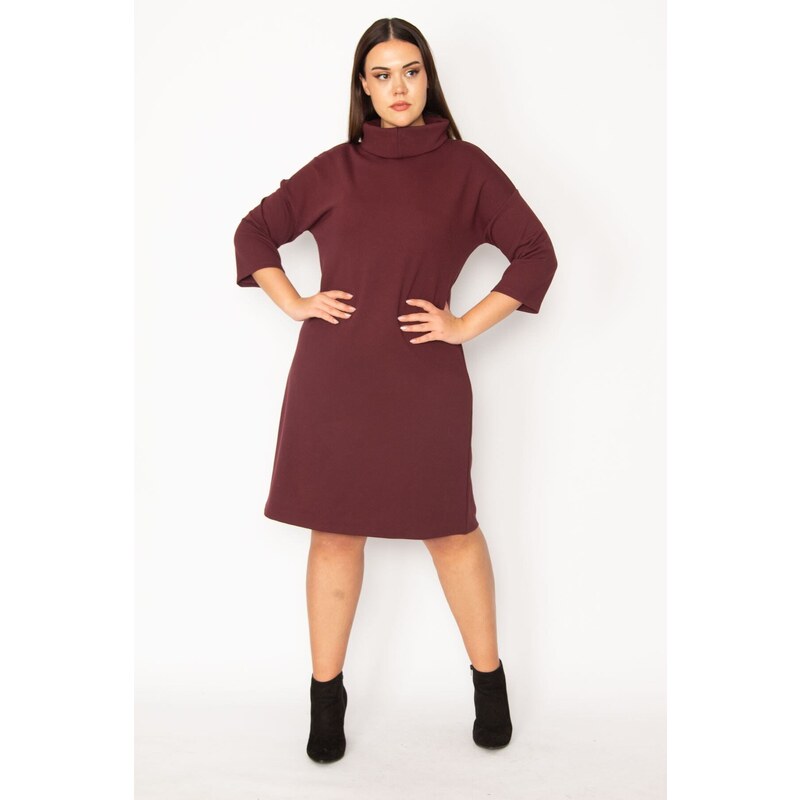 Şans Women's Plus Size Claret Red Plunger Collar Capri Sleeves Dress