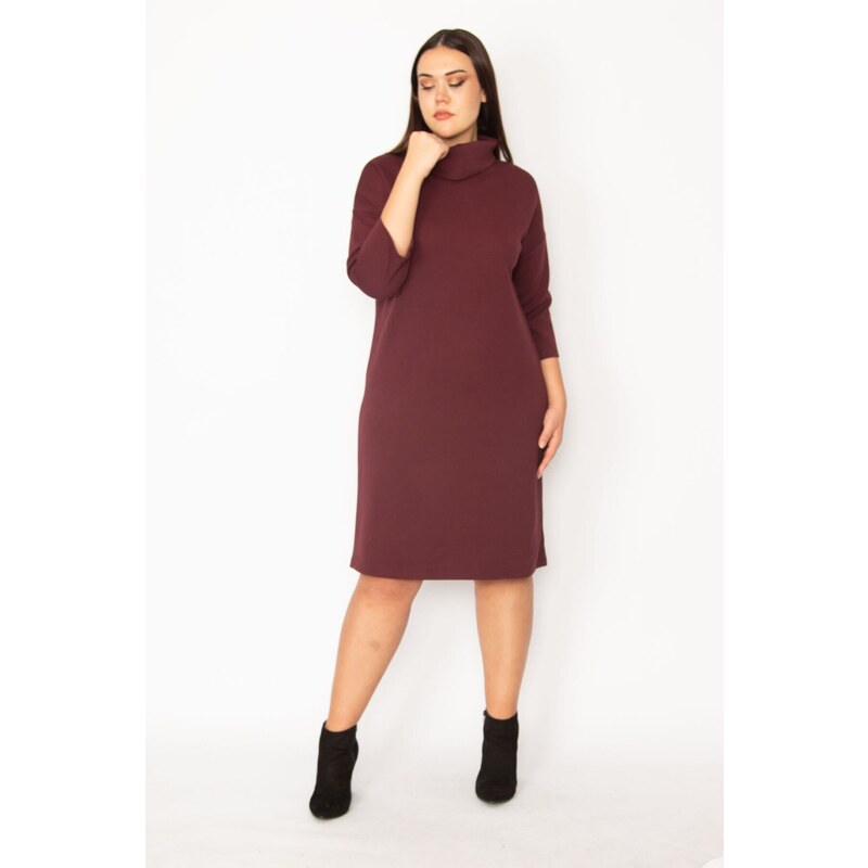 Şans Women's Plus Size Claret Red Plunger Collar Capri Sleeves Dress