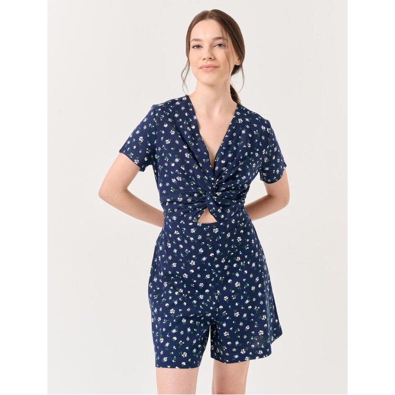 Jimmy Key Floral Print Short Jumpsuit with Short Sleeves, Navy Blue