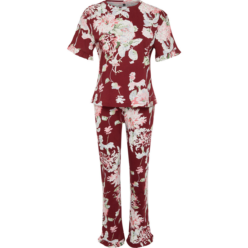 Trendyol Burgundy-Multi Color 100% Cotton Floral Ruffle Detail Knitted Pajamas Set