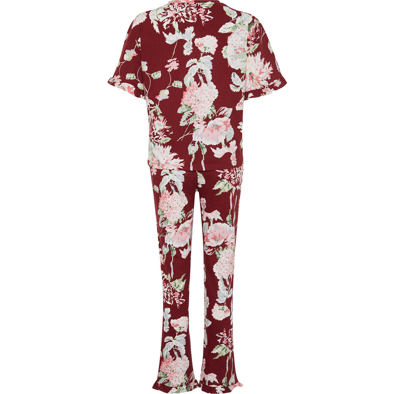 Trendyol Burgundy-Multi Color 100% Cotton Floral Ruffle Detail Knitted Pajamas Set