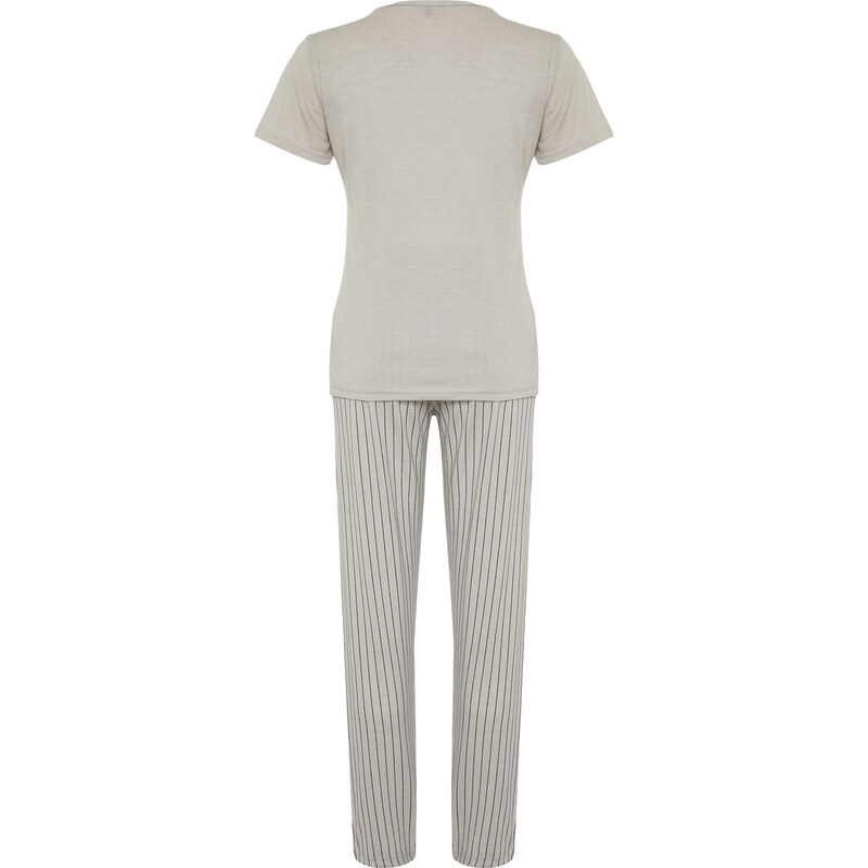 Trendyol Gray Slogan Printed Striped Knitted Pajamas Set