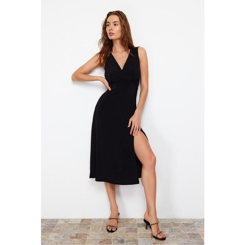 Trendyol Black Patterned Gathered Double Breasted V Neck Flexible Knitted Midi Dress