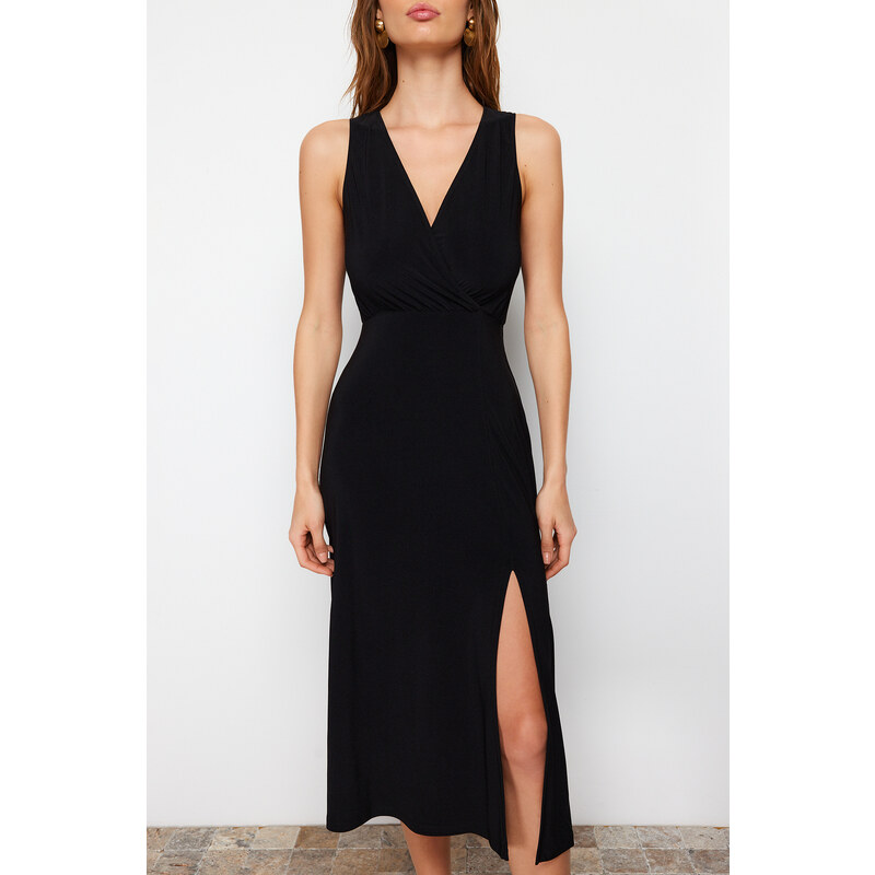 Trendyol Black Patterned Gathered Double Breasted V Neck Flexible Knitted Midi Dress