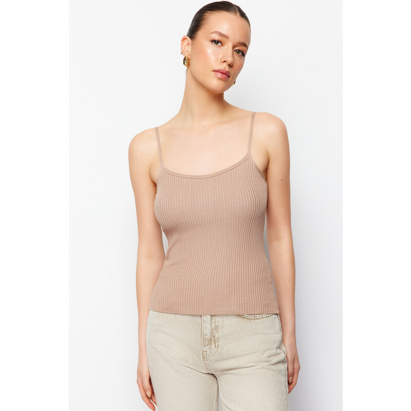 Trendyol Camel Ribbed Knitted Basic Knitwear Blouse