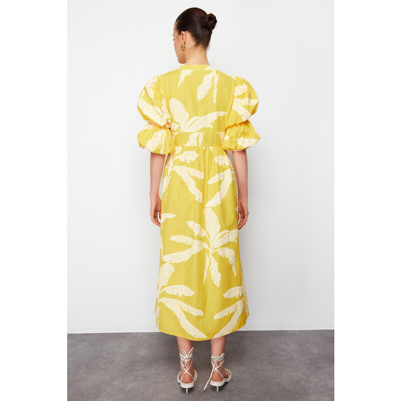 Trendyol Yellow V-Neck Floral Pattern Half Balloon Sleeve Woven Shirt Dress