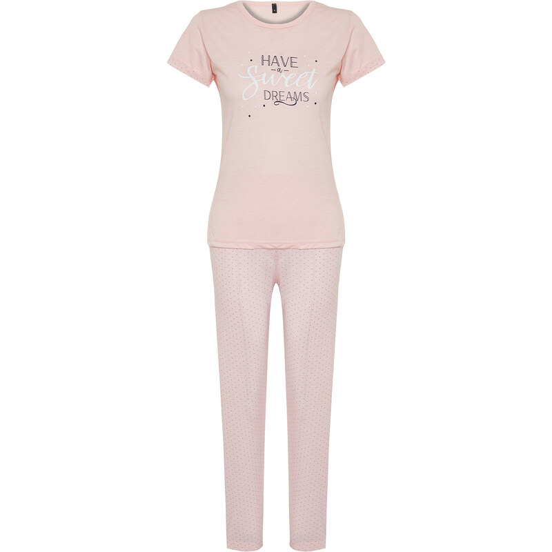 Trendyol Powder Slogan Printed Polka Dot Knitted Pajamas Set