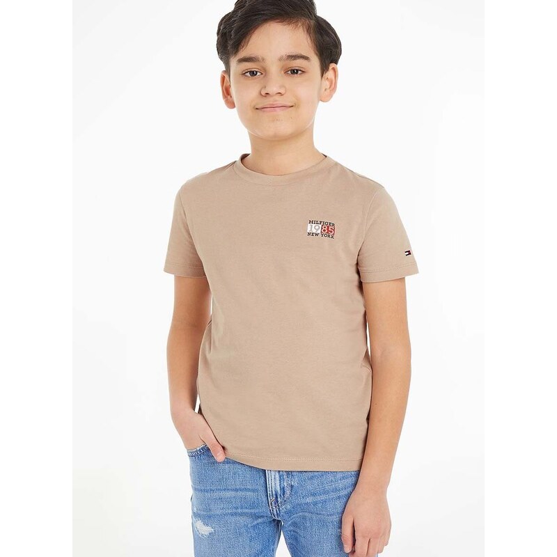 Dětské bavlněné tričko Tommy Hilfiger hnědá barva, s potiskem