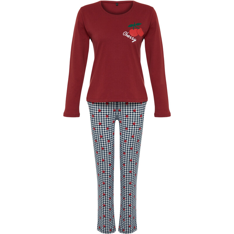 Trendyol Burgundy 100% Cotton Fruit Printed Plaid Knitted Pajamas Set